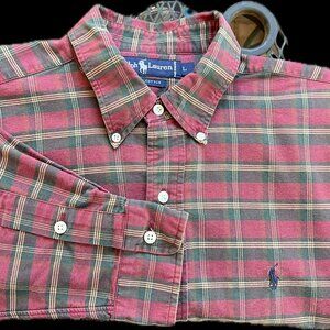 POLO Ralph Lauren Men's Burgundy/Hunter Green Plaid Button Down Oxford Shirt: L